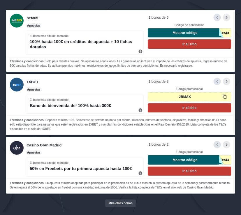 Códigos Promocionales Apuestas y Casinos España