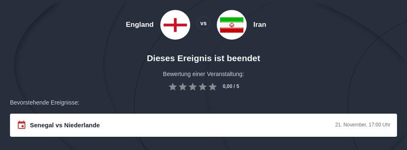 England - Iran Wettquoten