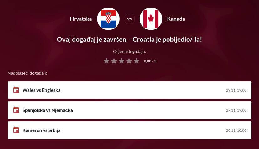Hrvatska - Kanada Prijenos uživo - Kvote kladionica