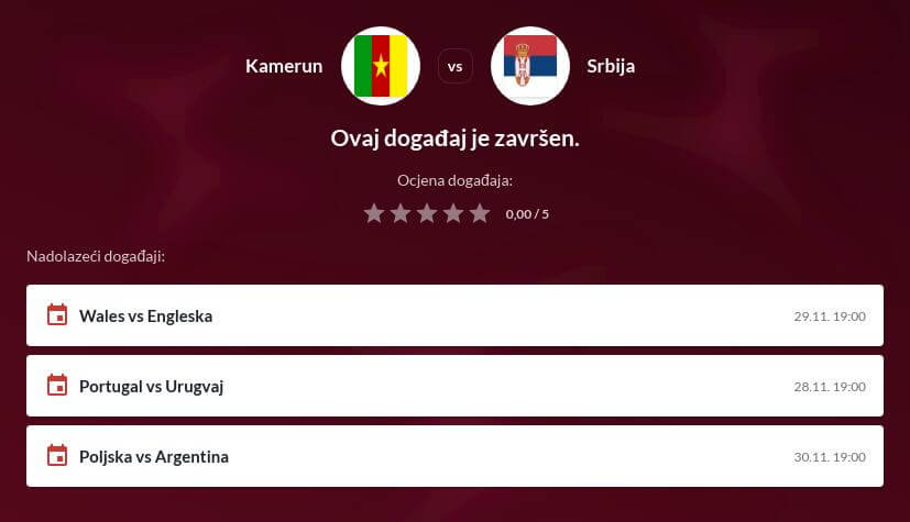 Kamerun - Srbija Prijenos uživo - Kvote kladionica