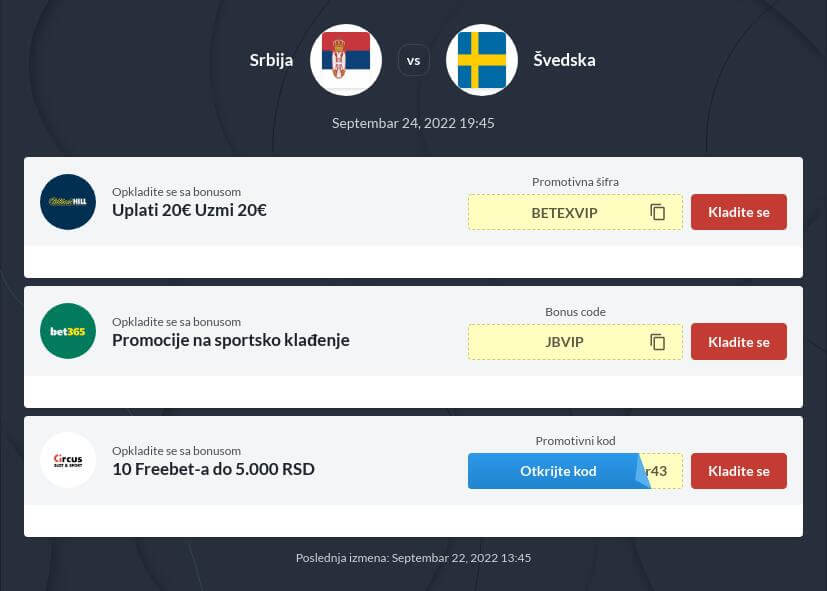 Srbija - Švedska kvote i prenos uživo