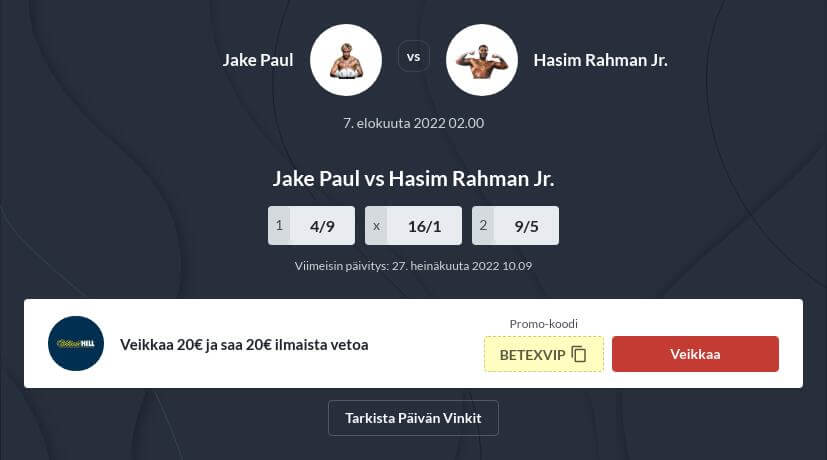 Jake Paul vs Hasim Rahman Jr vedonlyönti