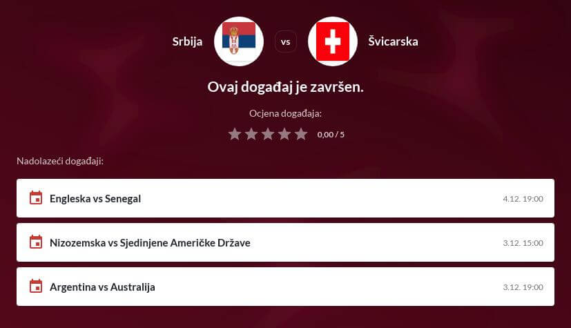 Srbija - Švicarska Prijenos uživo - Kvote kladionica