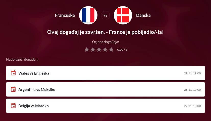 Francuska - Danska Prijenos uživo - Kvote kladionica