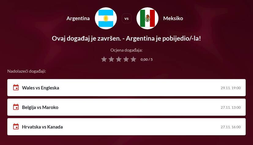 Argentina - Meksiko Prijenos uživo - Kvote kladionica