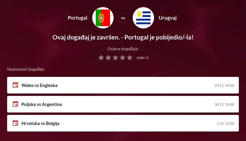 Portugal - Urugvaj Prijenos uživo - Kvote kladionica