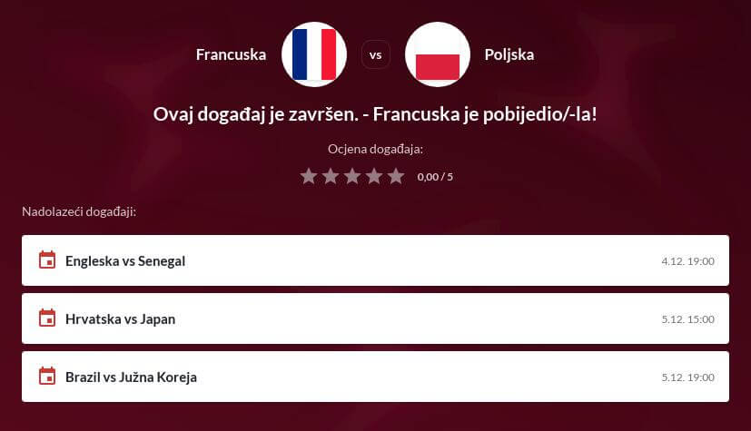 Francuska - Poljska Prijenos uživo - Kvote kladionica