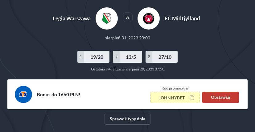 Legia Warszawa - FC Midtjylland zakłady bukmacherskie