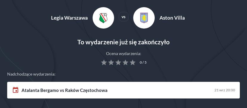 Legia Warszawa - Aston Villa zakłady bukmacherskie