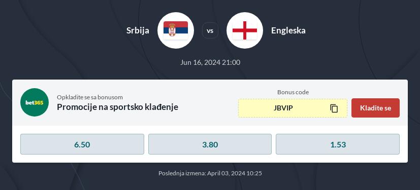 Srbija - Engleska Kvote i prenos uživo