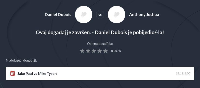 Joshua - Dubois Kladionica i prijenos uživo