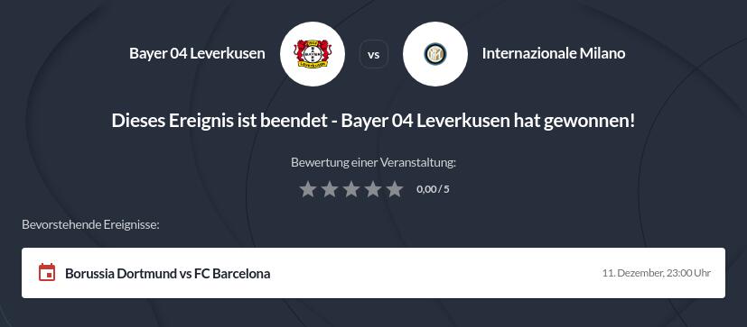 Bayer Leverkusen vs. Inter Mailand Wettquoten