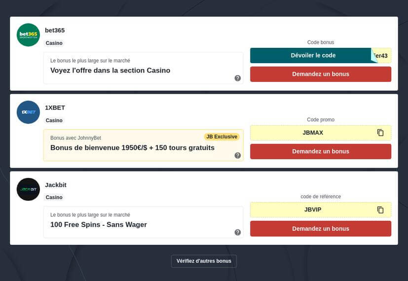 Meilleurs bonus des casinos en ligne