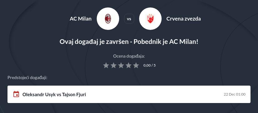 Milan - Crvena zvezda kvote i prenos uživo