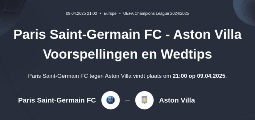 Paris Saint-Germain FC - Aston Villa Voorspellingen en Wedtips