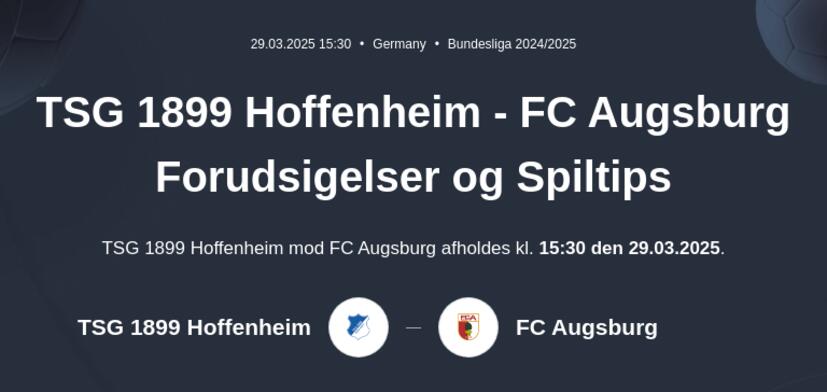 TSG 1899 Hoffenheim - FC Augsburg Forudsigelser og Spiltips