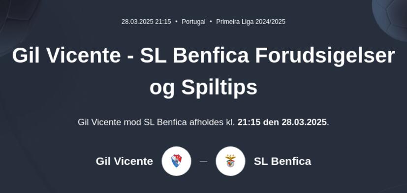 Gil Vicente - Benfica Forudsigelser og Spiltips