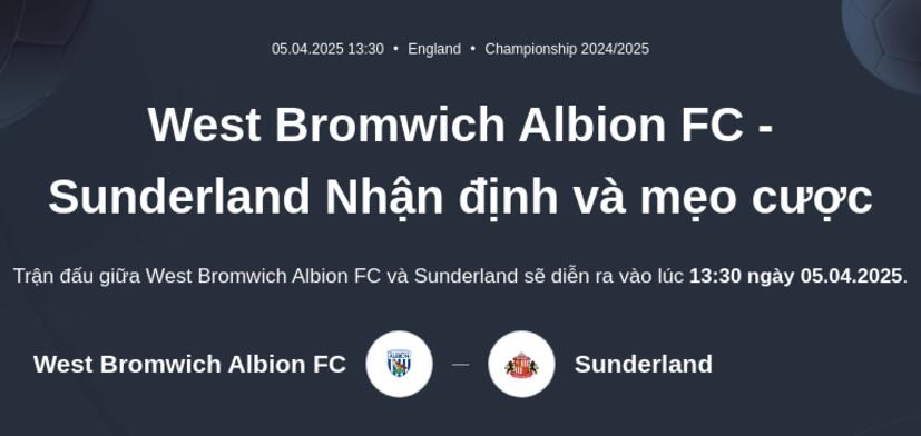 West Bromwich Albion FC - Sunderland Nhận định và mẹo cược