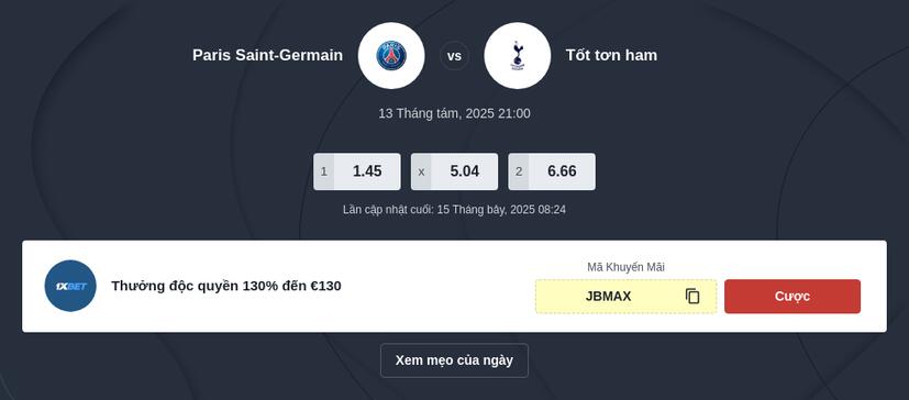 Mẹo cược chung kết Siêu cúp châu Âu PSG vs Tottenham