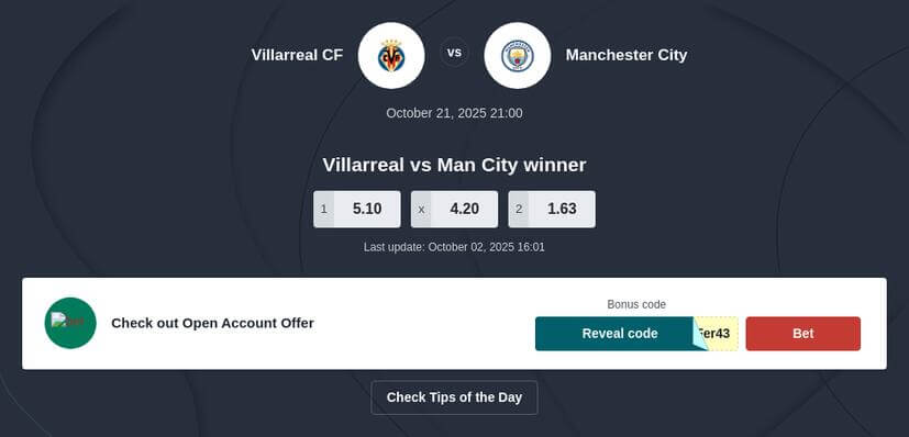 Villarreal vs Man City Prediction