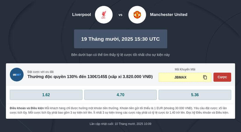 Mẹo đặt cược Liverpool đấu với Man United