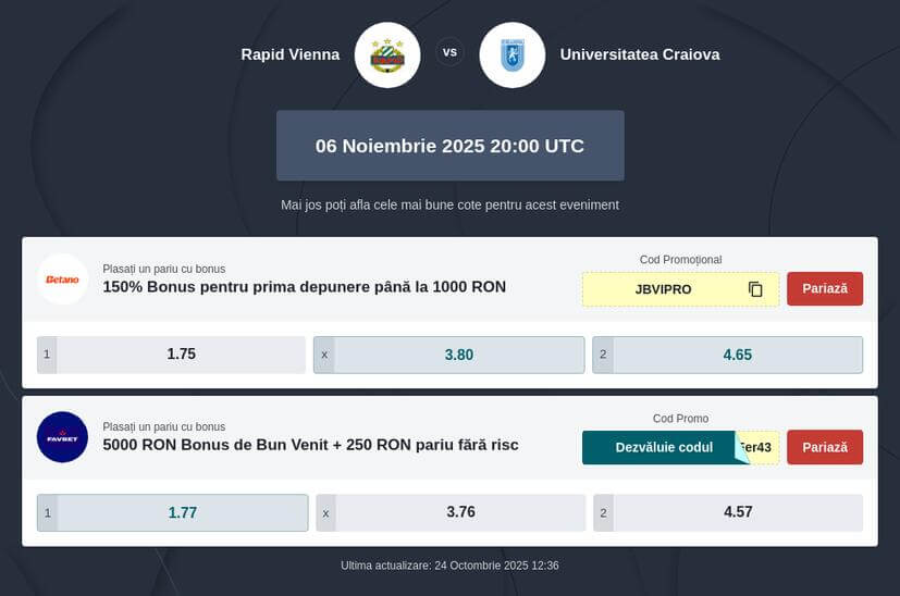 Rapid Viena și Universitatea Craiova - Ponturi Pariuri
