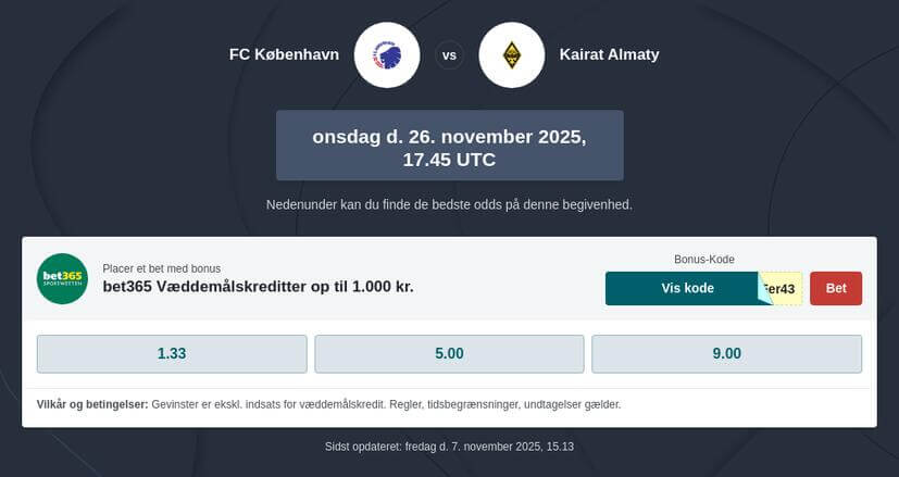 Odds på FC København vs Kairat Almaty