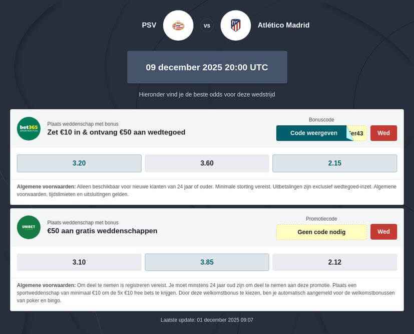 Wedden op PSV – Atletico Madrid