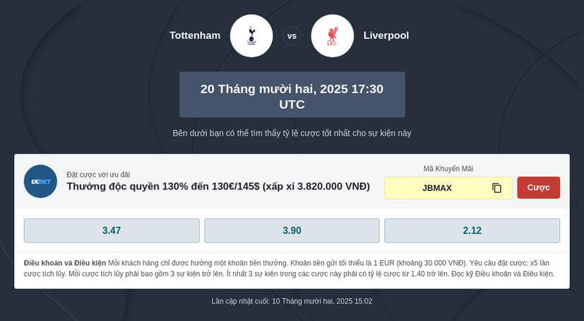 Tỷ lệ cược Ngoại Hạng Anh Tottenham đấu với Liverpool