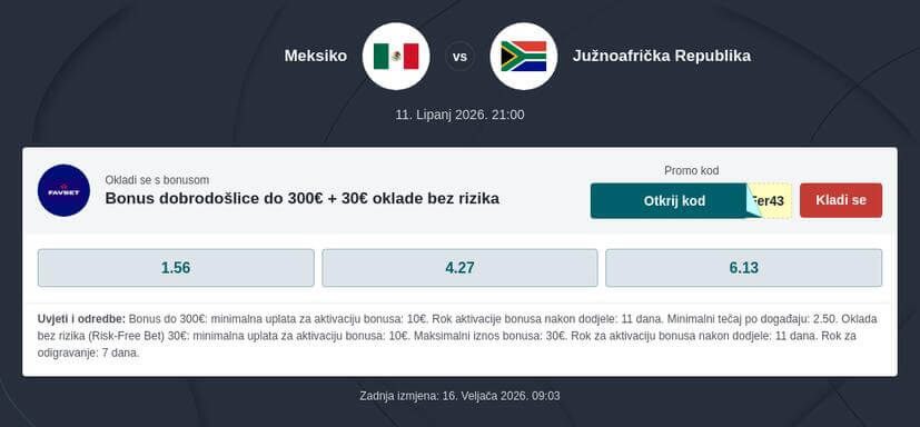 Meksiko - Južnoafrička Republika kladionica i prijenos