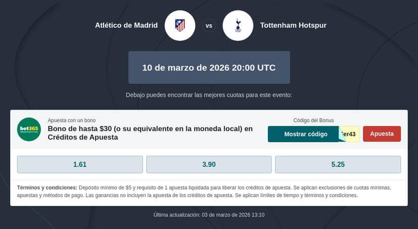 Pronóstico y Apuestas Atlético de Madrid vs Tottenham
