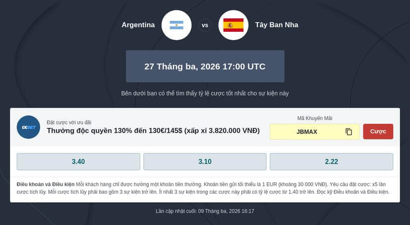 Tỷ lệ cược Finalissima Tây Ban Nha đấu với Argentina 2026