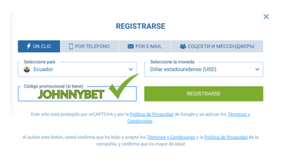 1XBET Ecuador formulario de registro código de bono