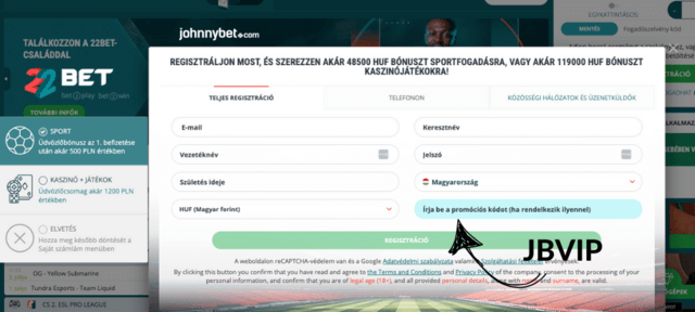 22bet bónuszkód regisztrációs folyamatban