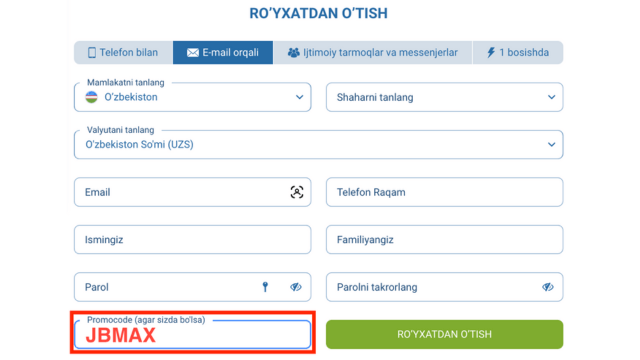1XBET Uzbekistan’da ro‘yxatdan o‘tish