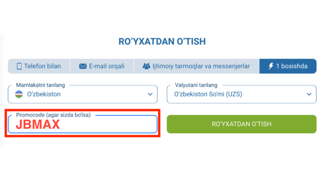 1xBet’da 1 bosishda ro‘yxatdan o‘tish