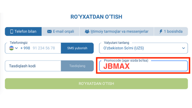 1xBet UZ’da mobil telefon orqali ro‘yxatdan o‘tish