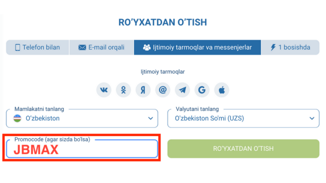 Ijtimoiy tarmoqlar orqali 1xBet UZ’da ro‘yxatdan o‘tish